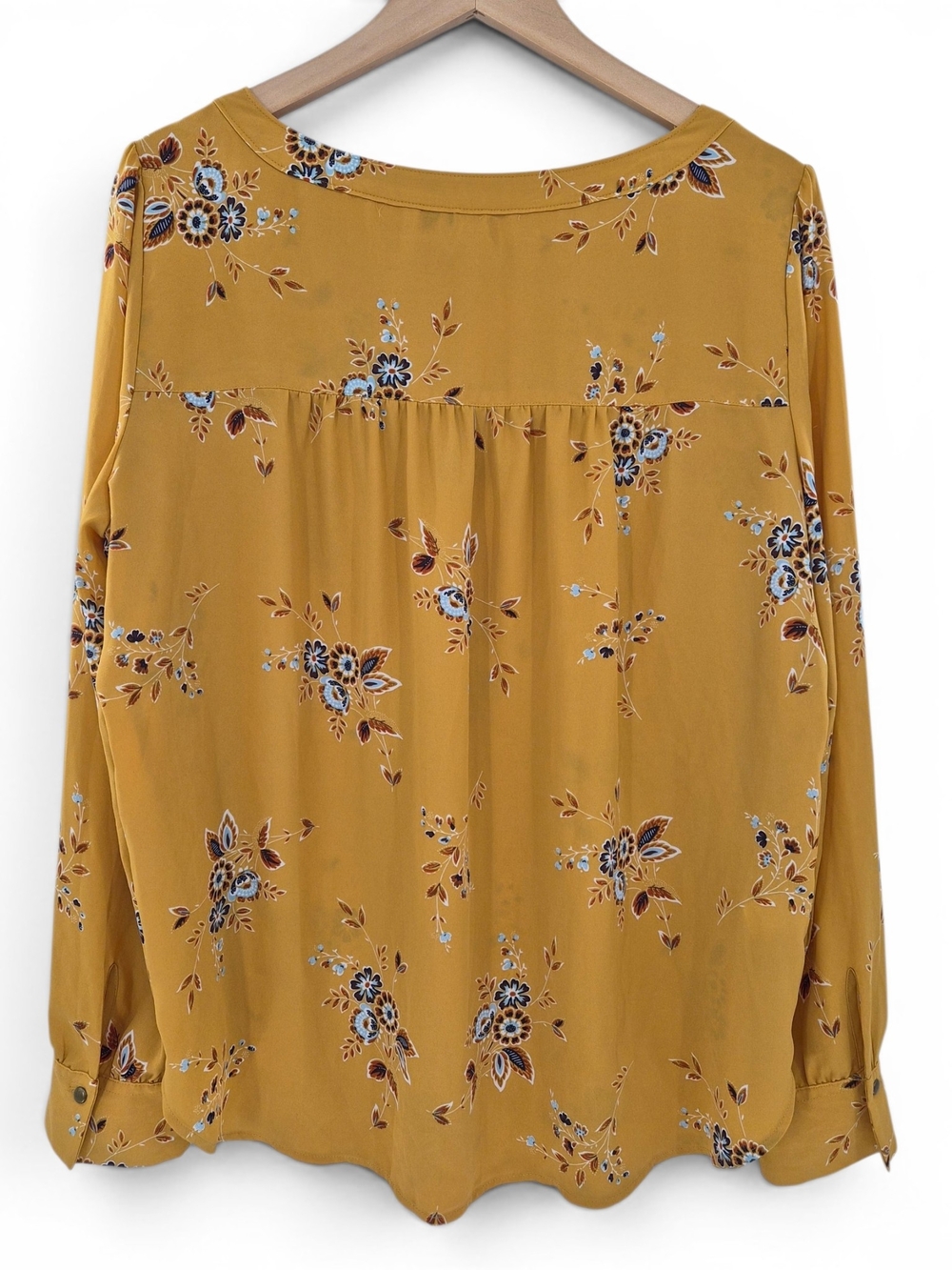 LOFT Mustard Floral Blouse L Boho Cottagecore Romantic Long Sleeve Peasant Top - Picture 3 of 11